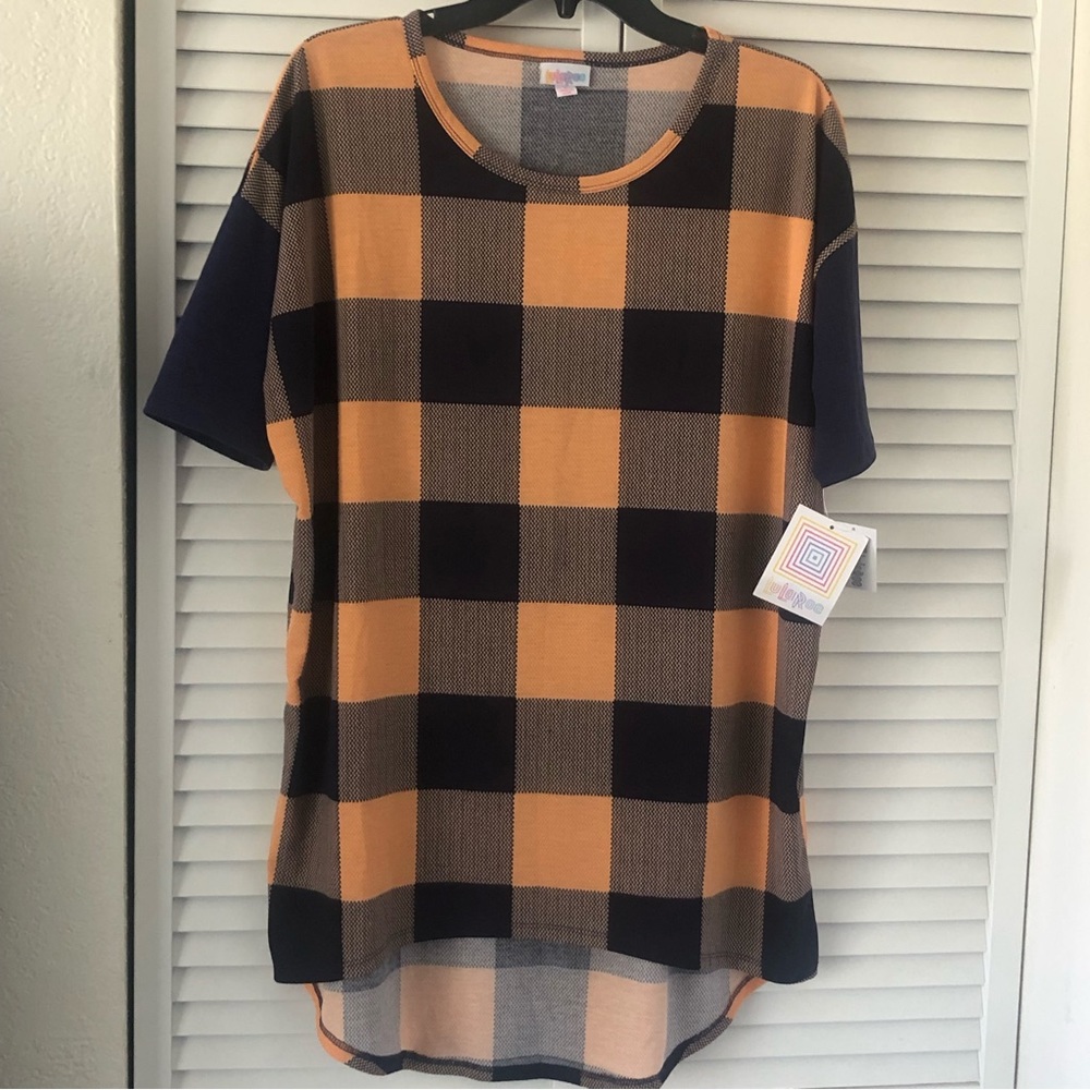 Lularoe short sleeve tunic Plaid Top navy blue and peach color Size Small NWT